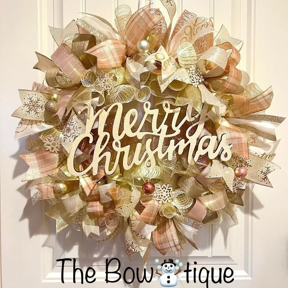 Christmas Snowflake Holiday Ribbon Door Wreath Handmade 22 ins LED W12 Gold Pink
